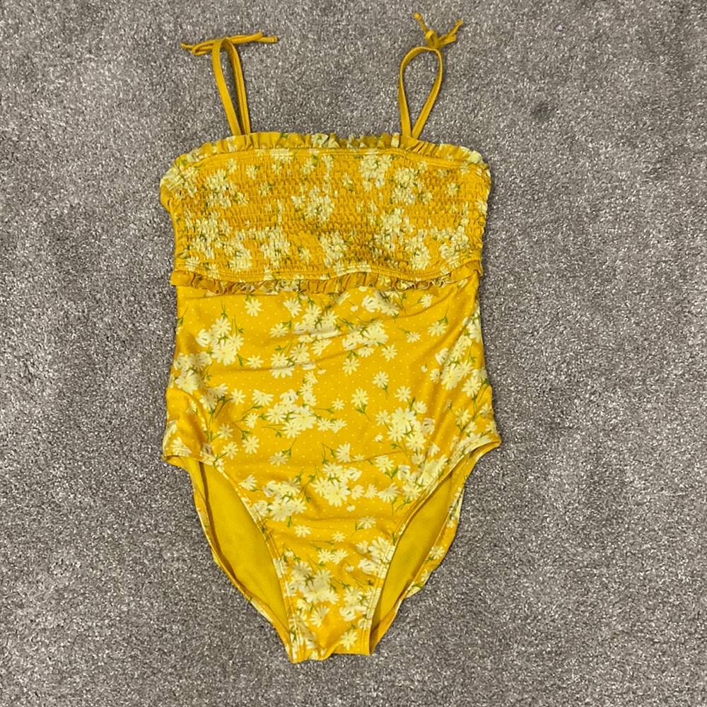Yellow floral and polkadot one piece bathing suit